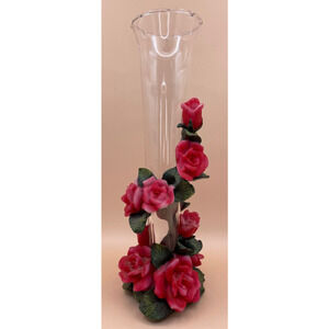 Vintage Clear Glass 8" Vase Tapered With Applied 3-D Red Roses Pre-owned